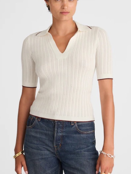 Madewell Ribbed The Signature Knit Johnny-Collar Sweater Winter White Combo Sz S